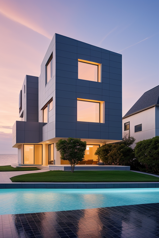, designed by Philip Johnson, Neofuturist Architecture, in the ocean, sunset, Townhouse