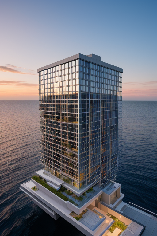 , designed by Philip Johnson, Neofuturist Architecture, in the ocean, sunset, Townhouse