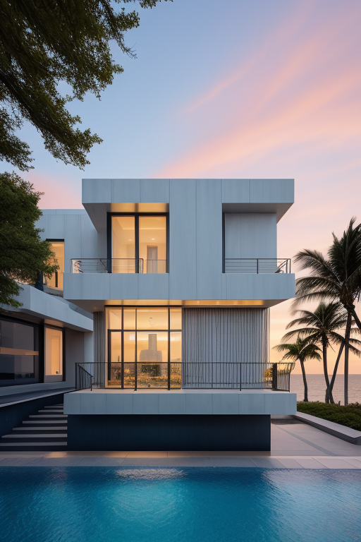 , designed by Philip Johnson, Neofuturist Architecture, in the ocean, sunset, Townhouse