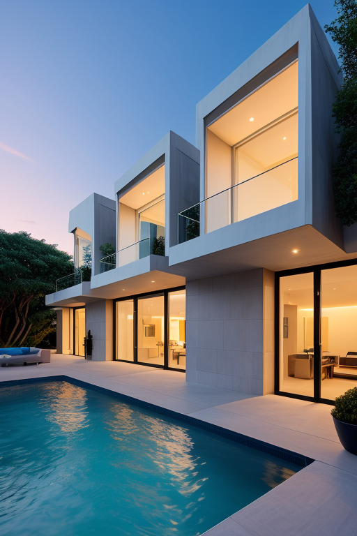 , designed by Philip Johnson, Neofuturist Architecture, in the ocean, sunset, Townhouse
