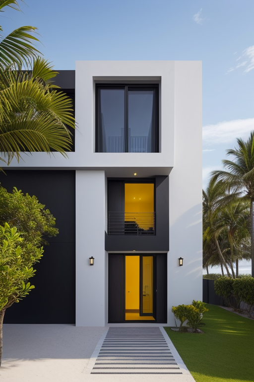 casa de dos pisos amarilla con rejas negras al frente, un porton negro a la izquierda, una puerta de madera grande al medio y dos pilares de piedra a los costados , Villa, on the beach,