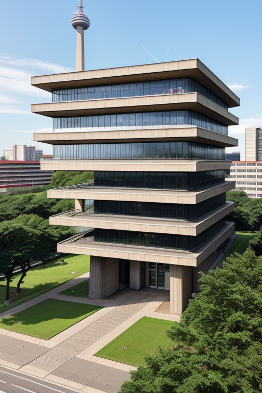 , University, designed by Oscar Niemeyer, Brutalist Architecture, in Berlin, afternoon, campus, 5 floors, front view
