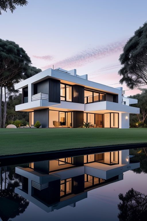 Fotografías que reflejen la vida cotidiana en los barrios donde se habla lunfardo, como La Boca en Buenos Aires., Villa, designed by Rem Koolhas, Post-Modern Architecture, in the forest, sunset