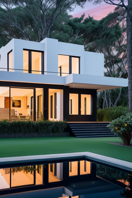 Fotografías que reflejen la vida cotidiana en los barrios donde se habla lunfardo, como La Boca en Buenos Aires., Villa, designed by Rem Koolhas, Post-Modern Architecture, in the forest, sunset