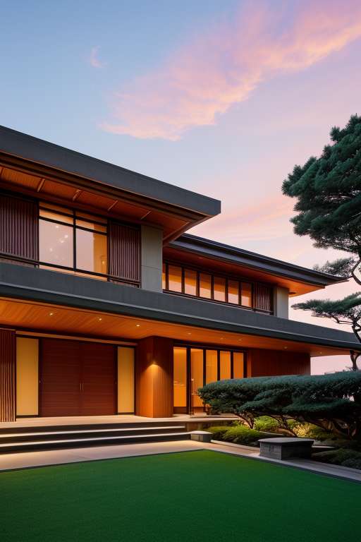 , Villa, designed by Frank Lloyd Wright, Modern Architecture, sunset, in Tokyo