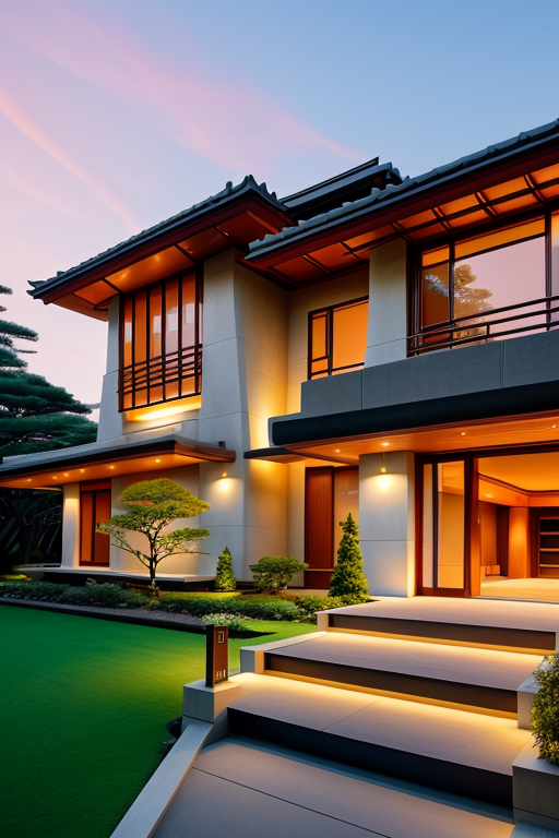 , Villa, designed by Frank Lloyd Wright, Modern Architecture, sunset, in Tokyo