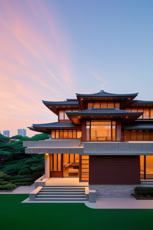 , Villa, designed by Frank Lloyd Wright, Modern Architecture, sunset, in Tokyo, Skyscraper
