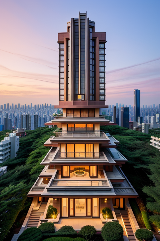 , Villa, designed by Frank Lloyd Wright, Modern Architecture, sunset, in Tokyo, Skyscraper