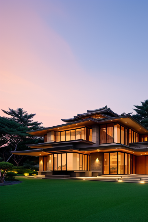 , Villa, designed by Frank Lloyd Wright, Modern Architecture, sunset, in Tokyo, Skyscraper