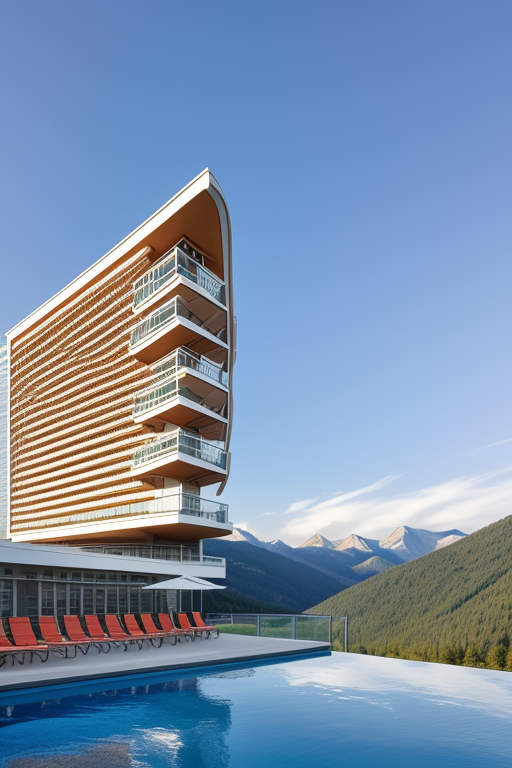 , Hotel, designed by Renzo Piano, Modern Architecture, afternoon, in the mountains