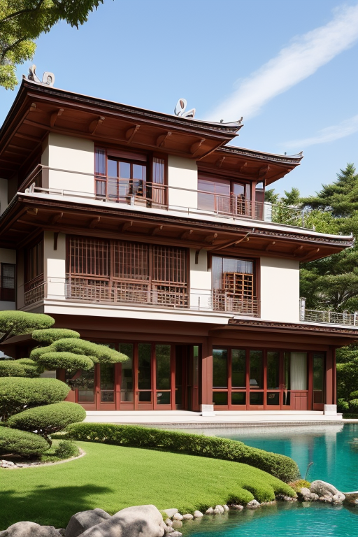 , Villa, designed by Gaudi, Japanese architecture, afternoon, by a lake, Brownstone, designed by Le Corbusier, Constructivism Architecture