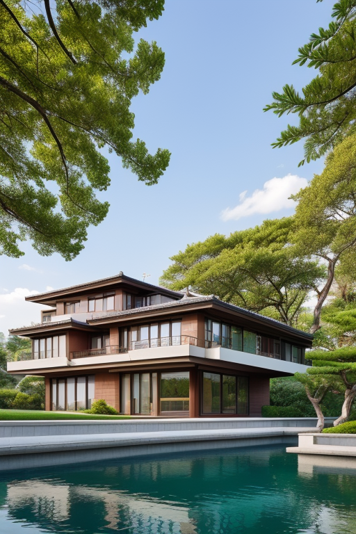 , Villa, designed by Gaudi, Japanese architecture, afternoon, by a lake, Brownstone, designed by Le Corbusier, Constructivism Architecture