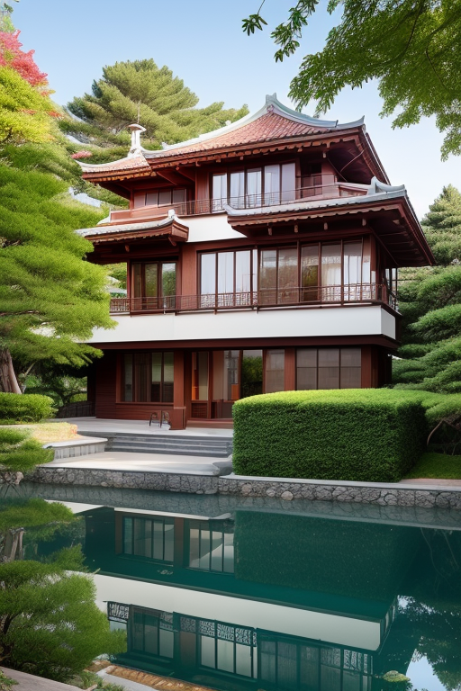 , Villa, designed by Gaudi, Japanese architecture, afternoon, by a lake, Brownstone, designed by Le Corbusier, Constructivism Architecture