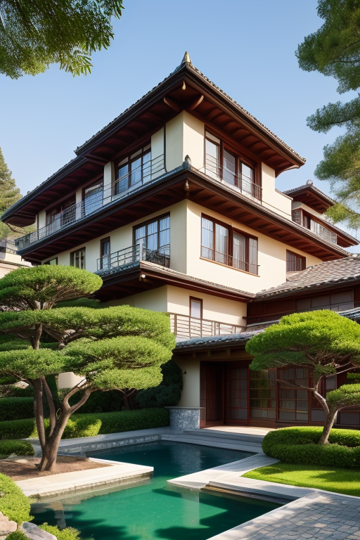 , Villa, designed by Gaudi, Japanese architecture, afternoon, by a lake, Brownstone, designed by Le Corbusier, Constructivism Architecture