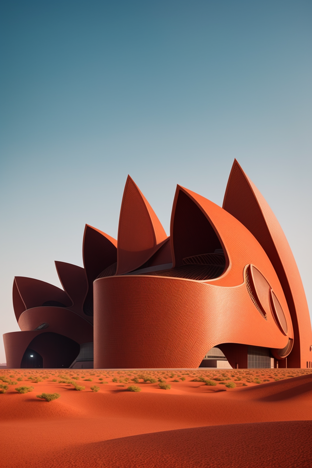 Futurist brutalism, intricate, growing, organic, alien, red desert
