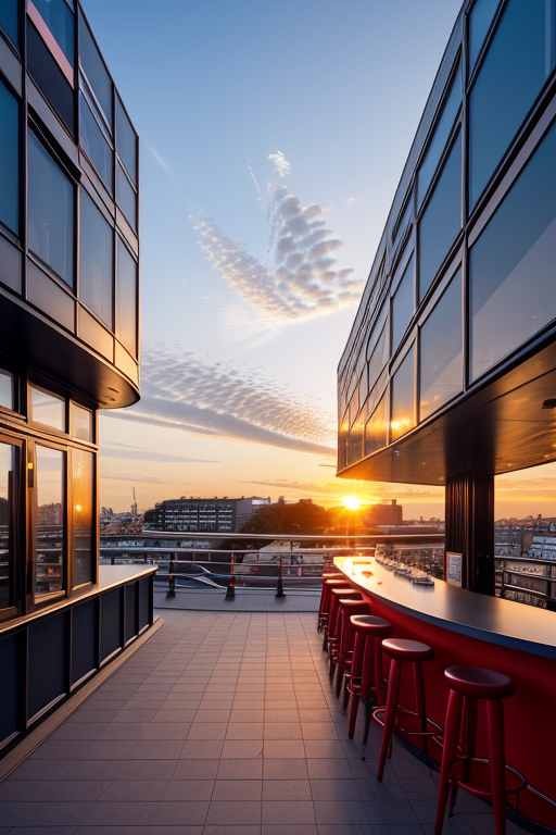 , sunset, in Amsterdam, Modern Architecture, designed by Oscar Niemeyer and norman foster, Cafe