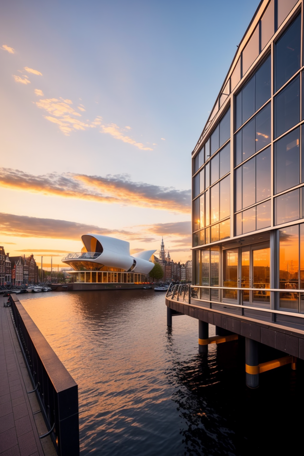 , sunset, in Amsterdam, Modern Architecture, designed by Oscar Niemeyer and norman foster, Cafe