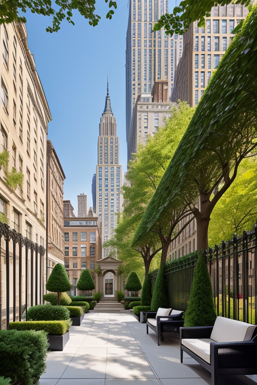 , designed by Norman Foster, Neofuturist Architecture, afternoon, in New York, Townhouse gardens