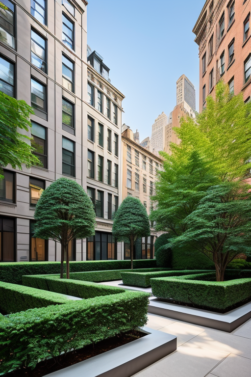 , designed by Norman Foster, Neofuturist Architecture, afternoon, in New York, Townhouse gardens