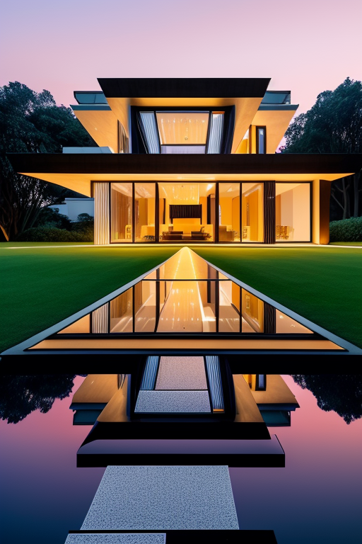 , Mansion, designed by Oscar Niemeyer, Modern Architecture, sunset, in Berlin, Villa, designed by Zaha Hadid, Japandi architecture, sunset, in Amsterdam