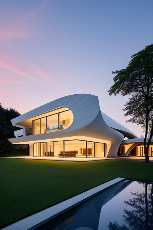 , Mansion, designed by Oscar Niemeyer, Modern Architecture, sunset, in Berlin, Villa, designed by Zaha Hadid, Japandi architecture, sunset, in Amsterdam