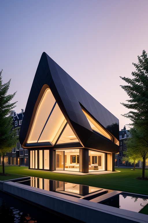 ,  Villa, designed by Zaha Hadid, Japandi architecture, sunset, in Amsterdam