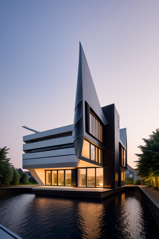 ,  Villa, designed by Zaha Hadid, Japandi architecture, sunset, in Amsterdam
