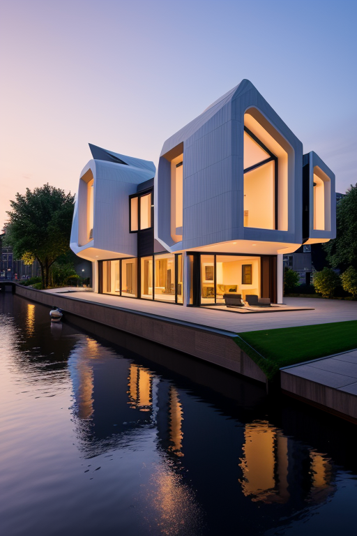 ,  Villa, designed by Zaha Hadid, Japandi architecture, sunset, in Amsterdam