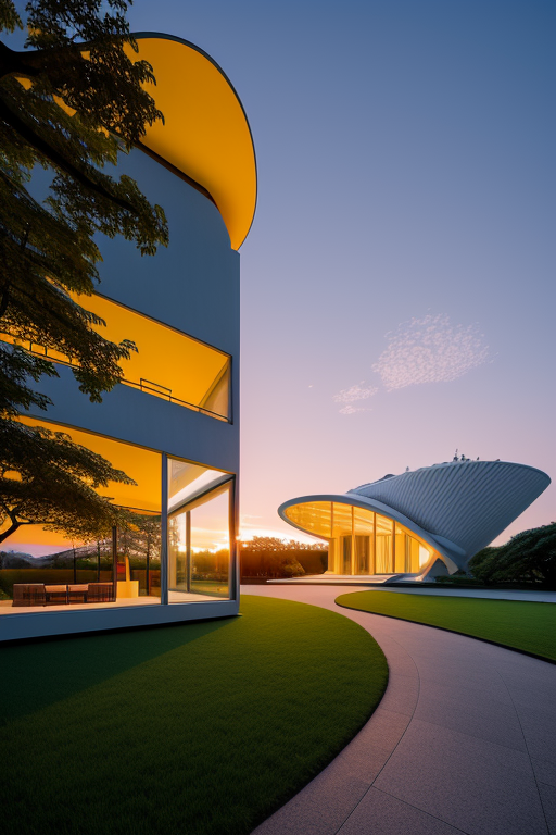 , Mansion, designed by Oscar Niemeyer, Modern Architecture, sunset, in Berlin