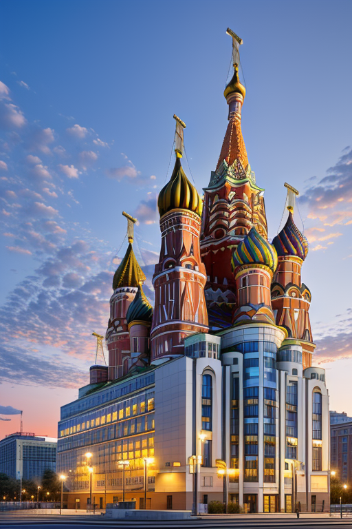 , Hospital, designed by Gaudi, Post-Modern Architecture, sunset, in Moscow