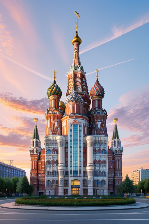 , Hospital, designed by Gaudi, Post-Modern Architecture, sunset, in Moscow