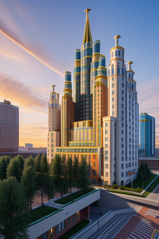 , Hospital, designed by Gaudi, Post-Modern Architecture, sunset, in Moscow