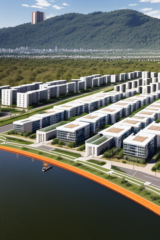Una ciudad sostenible con edificio sostenible, smart city con pasos de cebra inteligentes espacios verdes y para peatones, zonas naturales con rio o lago, que refleje la lucha contra la despoblación rural, contenedores de reciclaje, y bienestar social para sus ciudadanos, Townhouse, Bauhaus Architecture, morning, in the desert