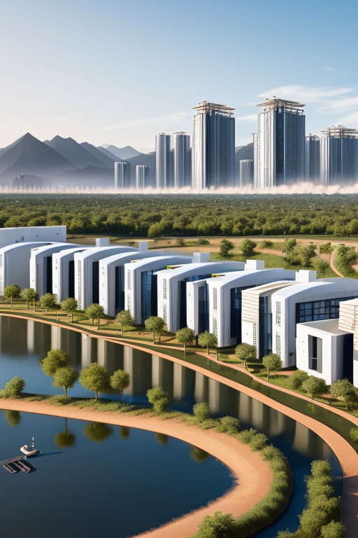 Una ciudad sostenible con edificio sostenible, smart city con pasos de cebra inteligentes espacios verdes y para peatones, zonas naturales con rio o lago, que refleje la lucha contra la despoblación rural, contenedores de reciclaje, y bienestar social para sus ciudadanos, Townhouse, Bauhaus Architecture, morning, in the desert
