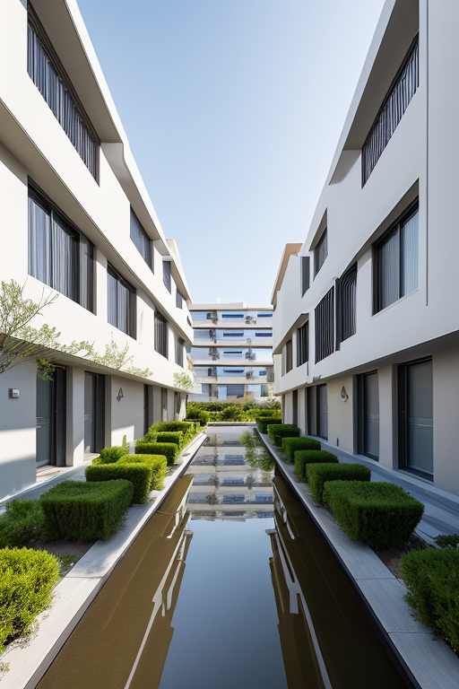Una ciudad sostenible con edificio sostenible, smart city con pasos de cebra inteligentes espacios verdes y para peatones, zonas naturales con rio o lago, que refleje la lucha contra la despoblación rural, contenedores de reciclaje, y bienestar social para sus ciudadanos, Townhouse, Bauhaus Architecture, morning, in the desert