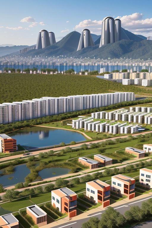 Una ciudad sostenible con edificio sostenible, smart city con pasos de cebra inteligentes espacios verdes y para peatones, zonas naturales con rio o lago, que refleje la lucha contra la despoblación rural, contenedores de reciclaje, y bienestar social para sus ciudadanos, Townhouse, Bauhaus Architecture, morning, in the desert