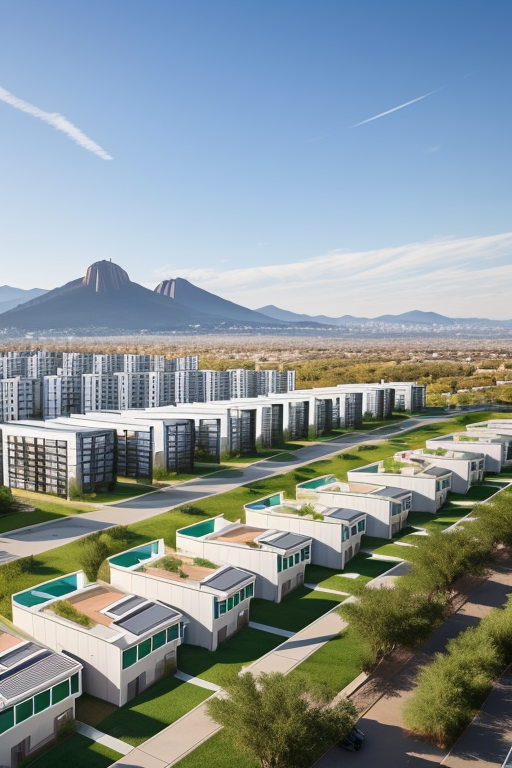 Una ciudad sostenible con edificio sostenible, smart city con pasos de cebra inteligentes espacios verdes y para peatones, zonas naturales con rio o lago, que refleje la lucha contra la despoblación rural, contenedores de reciclaje, y bienestar social para sus ciudadanos, Townhouse, Bauhaus Architecture, morning, in the desert