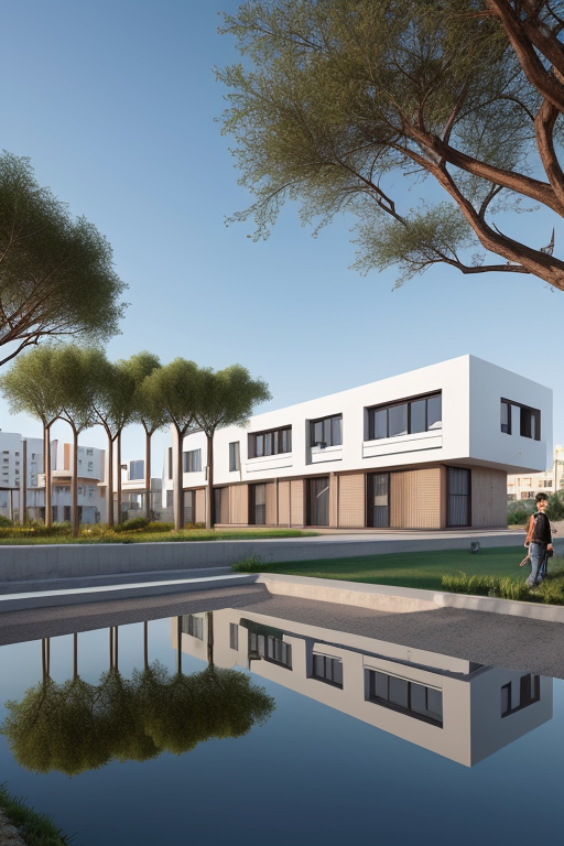 Una ciudad sostenible con edificio sostenible, smart city con pasos de cebra inteligentes espacios verdes y para peatones, zonas naturales con rio o lago, que refleje la lucha contra la despoblación rural, contenedores de reciclaje, y bienestar social para sus ciudadanos, Townhouse, Bauhaus Architecture, morning, in the desert