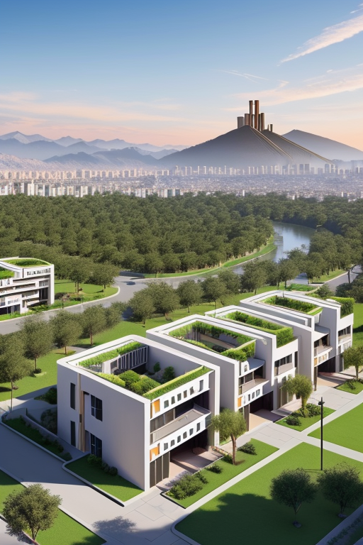 Una ciudad sostenible con edificio sostenible, smart city con pasos de cebra inteligentes espacios verdes y para peatones, zonas naturales con rio o lago, que refleje la lucha contra la despoblación rural, contenedores de reciclaje, y bienestar social para sus ciudadanos, Townhouse, Bauhaus Architecture, morning, in the desert