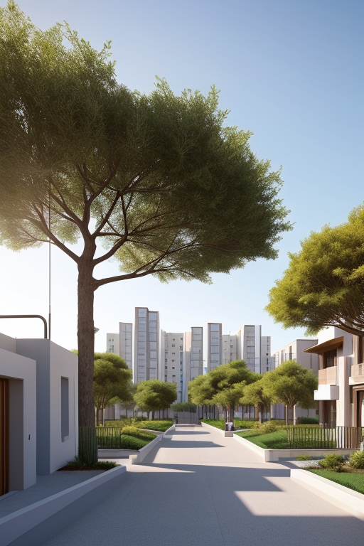 Una ciudad sostenible con edificio sostenible, smart city con pasos de cebra inteligentes espacios verdes y para peatones, zonas naturales con rio o lago, que refleje la lucha contra la despoblación rural, contenedores de reciclaje, y bienestar social para sus ciudadanos, Townhouse, Bauhaus Architecture, morning, in the desert
