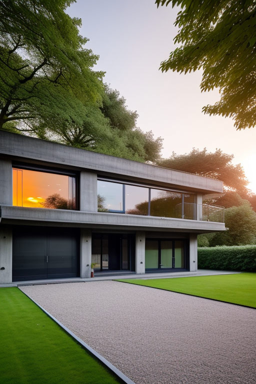 , Mansion, designed by Le Corbusier, Chinesearchitecture, sunset, in London