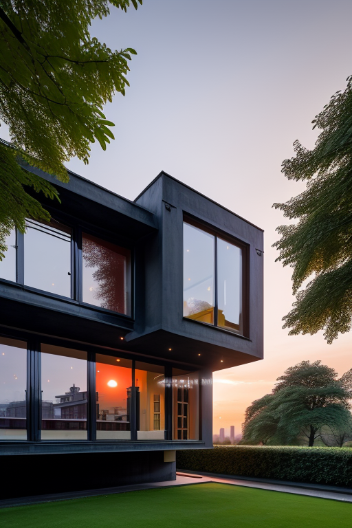 , Mansion, designed by Le Corbusier, Chinesearchitecture, sunset, in London