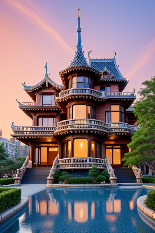 , Mansion, Japandi architecture, designed by Gaudi, in New York, sunset