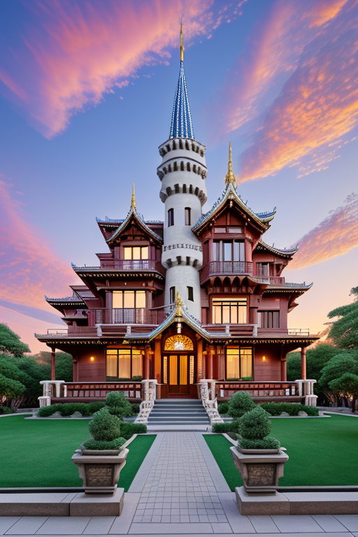 , Mansion, Japandi architecture, designed by Gaudi, in New York, sunset