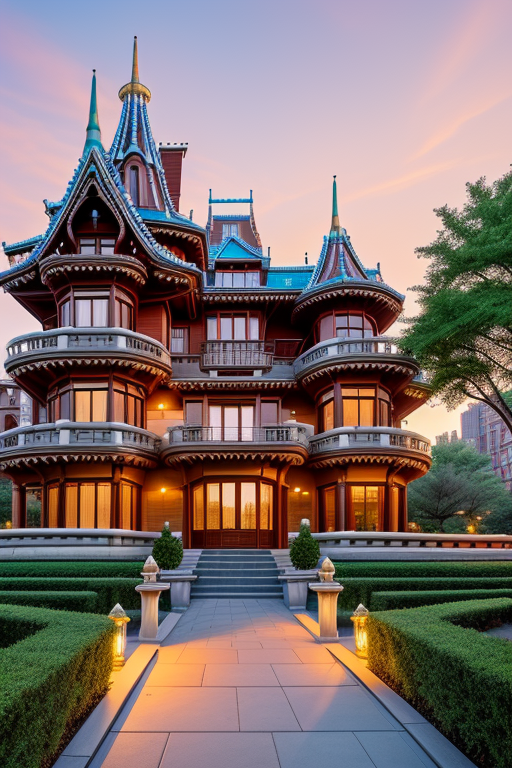 , Mansion, Japandi architecture, designed by Gaudi, in New York, sunset, designed by Rem Koolhas