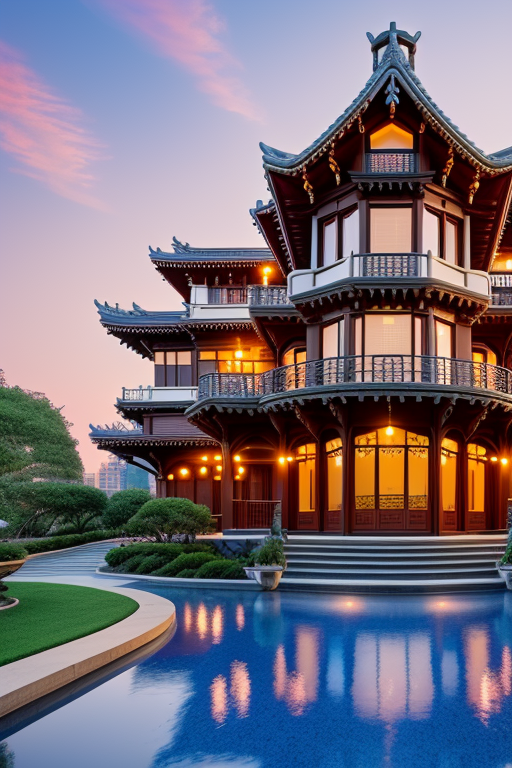 , Mansion, Japandi architecture, designed by Gaudi, in New York, sunset, designed by Rem Koolhas
