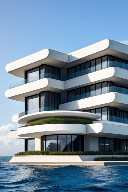 , Villa, designed by Zaha Hadid, Brutalist Architecture, afternoon, in the ocean