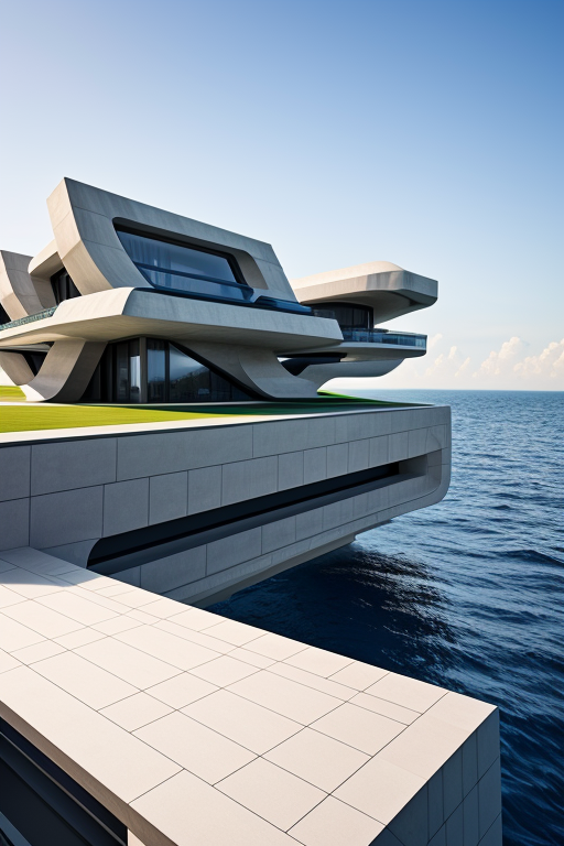 , Villa, designed by Zaha Hadid, Brutalist Architecture, afternoon, in the ocean