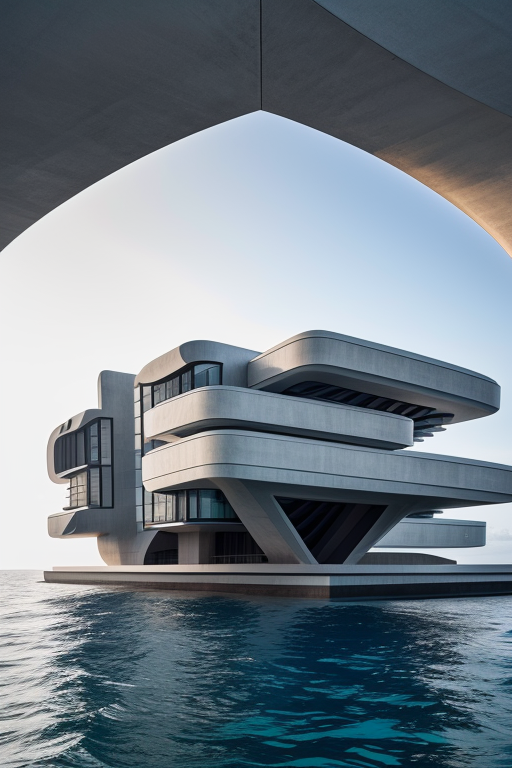 , Villa, designed by Zaha Hadid, Brutalist Architecture, afternoon, in the ocean