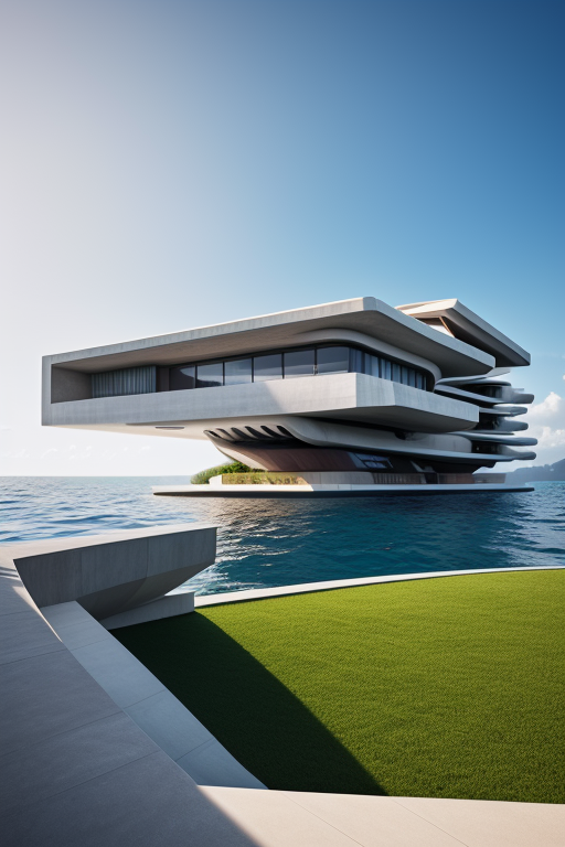 , Villa, designed by Zaha Hadid, Brutalist Architecture, afternoon, in the ocean